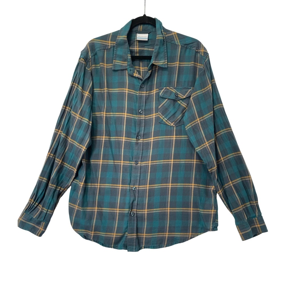 Columbia Plaid‎ Flannel Shirt Mens L Teal Yellow Excellent Long Sleeve Cotton